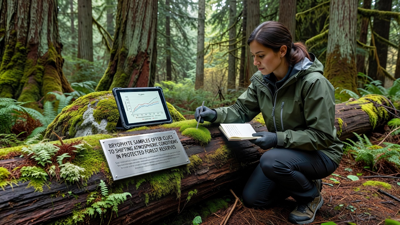 Close-up of bryophyte layers in protected forest showing color variations and atmospheric deposition patterns