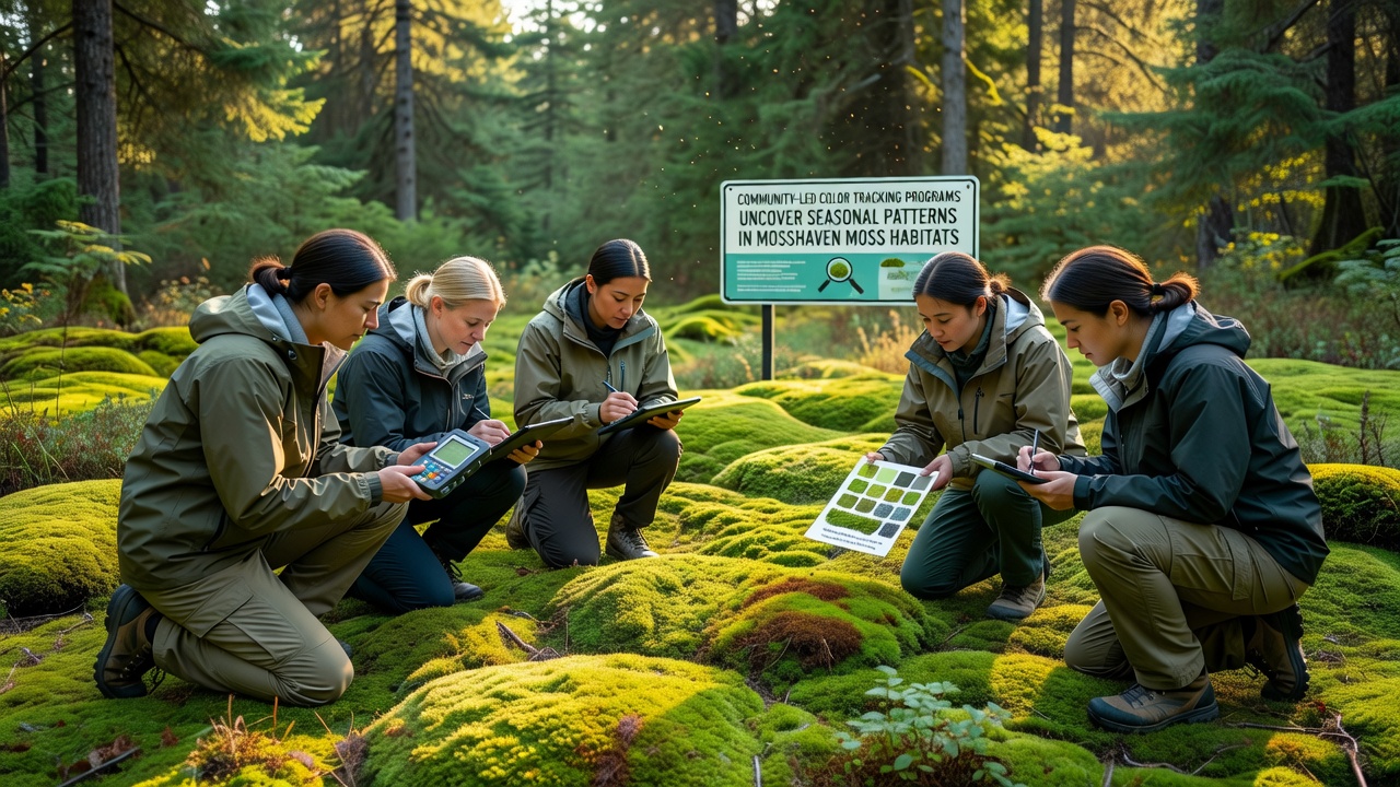 Detailed view of moss samples showing color variations tracked by community programs in Mosshaven