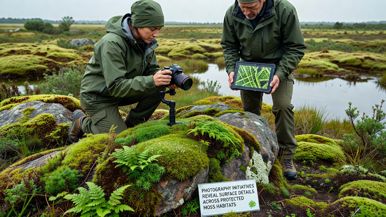 Photography team documenting moss textures with macro equipment in a protected habitat zone