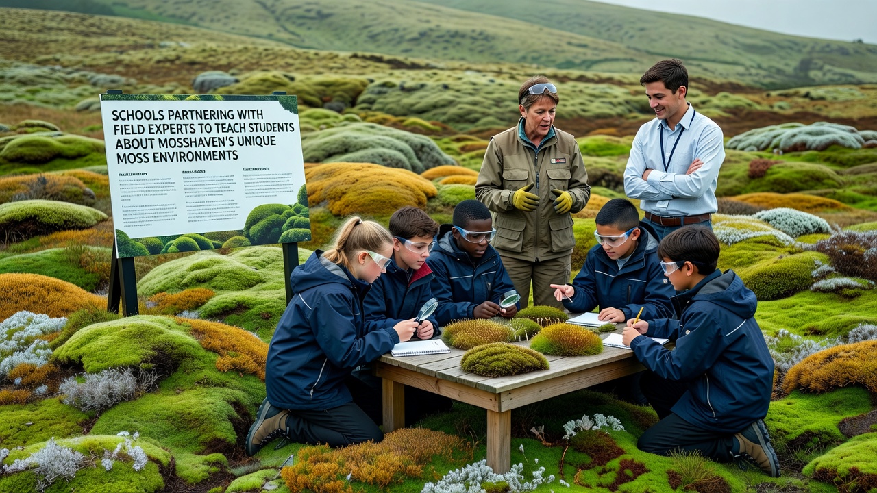 High school students record moss moisture levels while a field biologist points out growth patterns on a fallen log